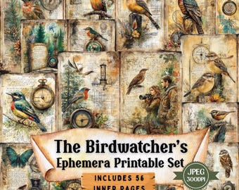 Op de afbeelding: Een set van 56 afdrukbare digitale papieren met vintage illustraties van vogels, kompassen en klokken. De papieren zijn perfect voor scrapbooking, kaart maken en andere papierkunst. De set heeft de titel "The Birdwatcher's Ephemera Printable Set" en bevat de tekst "JPEG 300DPI".