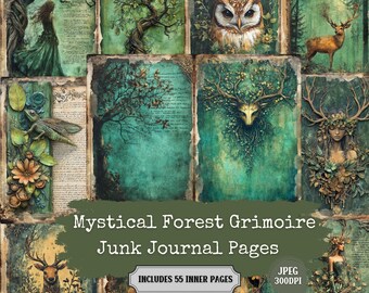 Pode incluir: Um conjunto de 10 páginas digitais imprimíveis com imagens de floresta mística. As páginas incluem corujas, veados e outras criaturas da floresta, bem como desenhos florais intrincados. As páginas são perfeitas para criar um diário de sucata único e caprichoso.