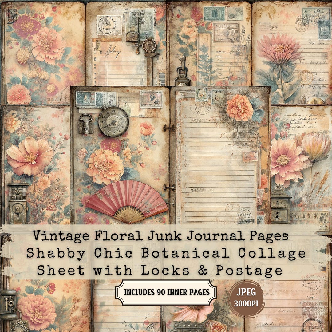 Vintage Floral Junk Journal Pages | Shabby Chic Collage (90 JPG) - Etsy