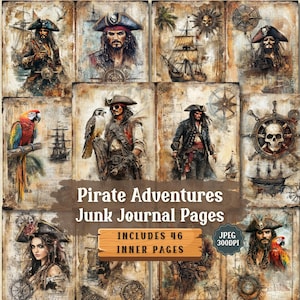 Páginas de diario basura de aventuras piratas / Kit de piratas vintage / Hoja de collage digital estilo shabby chic / Efímera de álbum de recortes imprimible / 46 JPEG.