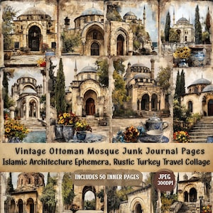 Puede incluir: Un collage de imágenes vintage que representan mezquitas otomanas, con un enfoque en detalles arquitectónicos como cúpulas y arcos. Las imágenes tienen una estética rústica y envejecida. El texto dice "Vintage Ottoman Mosque Junk Journal Pages".