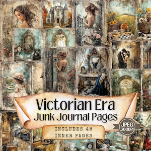 Pagine stampabili del diario di cianfrusaglie dell'epoca vittoriana, kit a tema vittoriano vintage, fogli di carta shabby chic per scrapbooking, 48 JPEG.