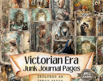 May include: A collage of 48 vintage-style images, perfect for scrapbooking or junk journaling. The images feature Victorian-era scenes, including a woman in a dress, a castle, a garden, and a couple dancing. The collage is titled "Victorian Era Junk Journal Pages" and includes the text "INCLUDES 48 INNER PAGES".