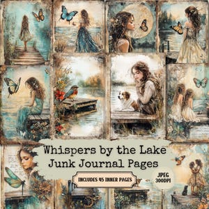 Vintage Girl Junk Journal Pages: Lake, Dog, Bird Ephemera (Digital Download, 45 JPEGs)