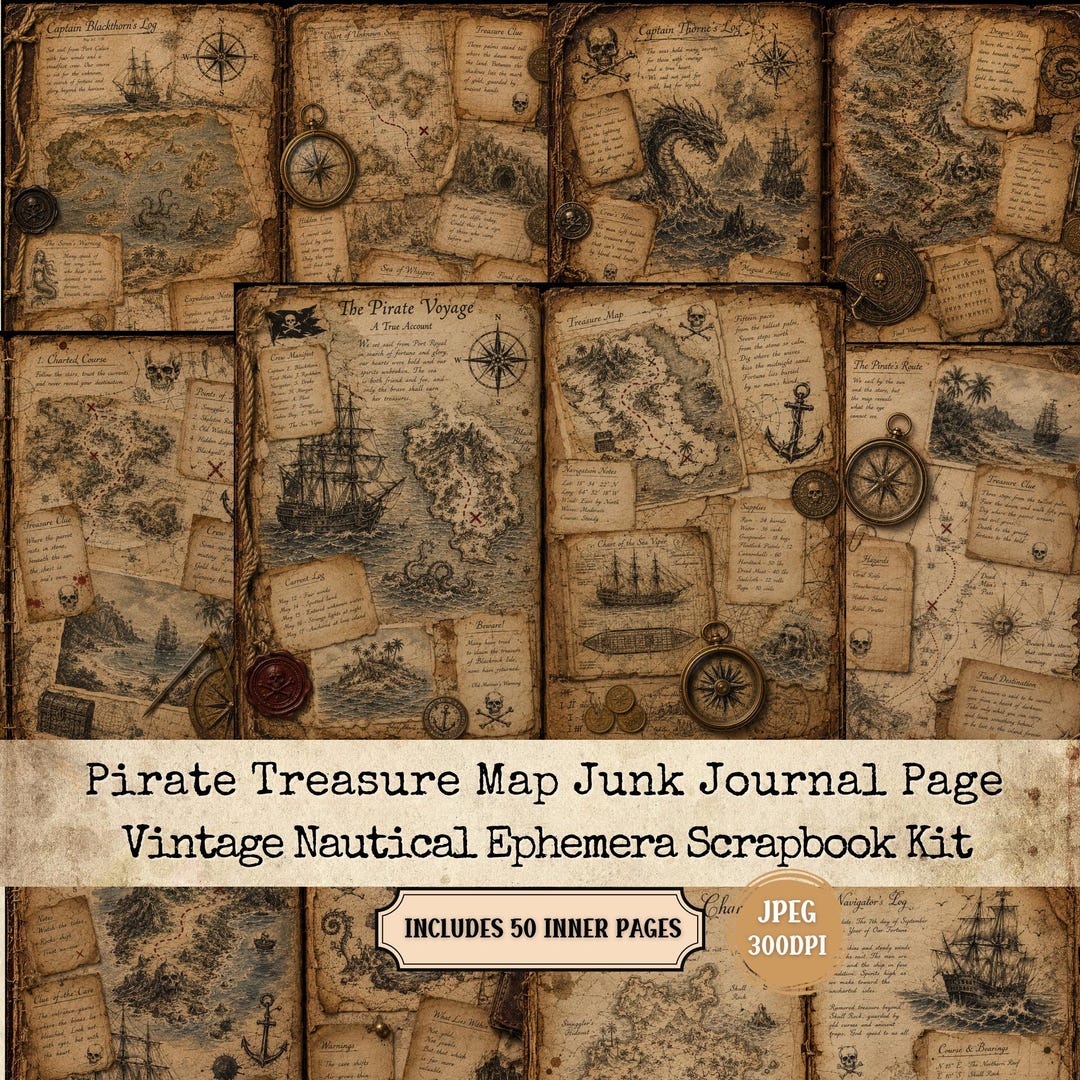 Pirate Treasure Map Junk Journal Pages, Vintage Nautical Ephemera ...