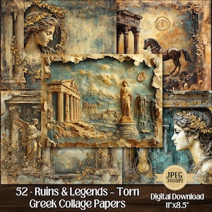 Rovine e leggende - Carta per collage greca strappata / 52 pagine doppie JPEG / Effimeri del tempio greco per diari spazzatura per scrapbooking e fai da te