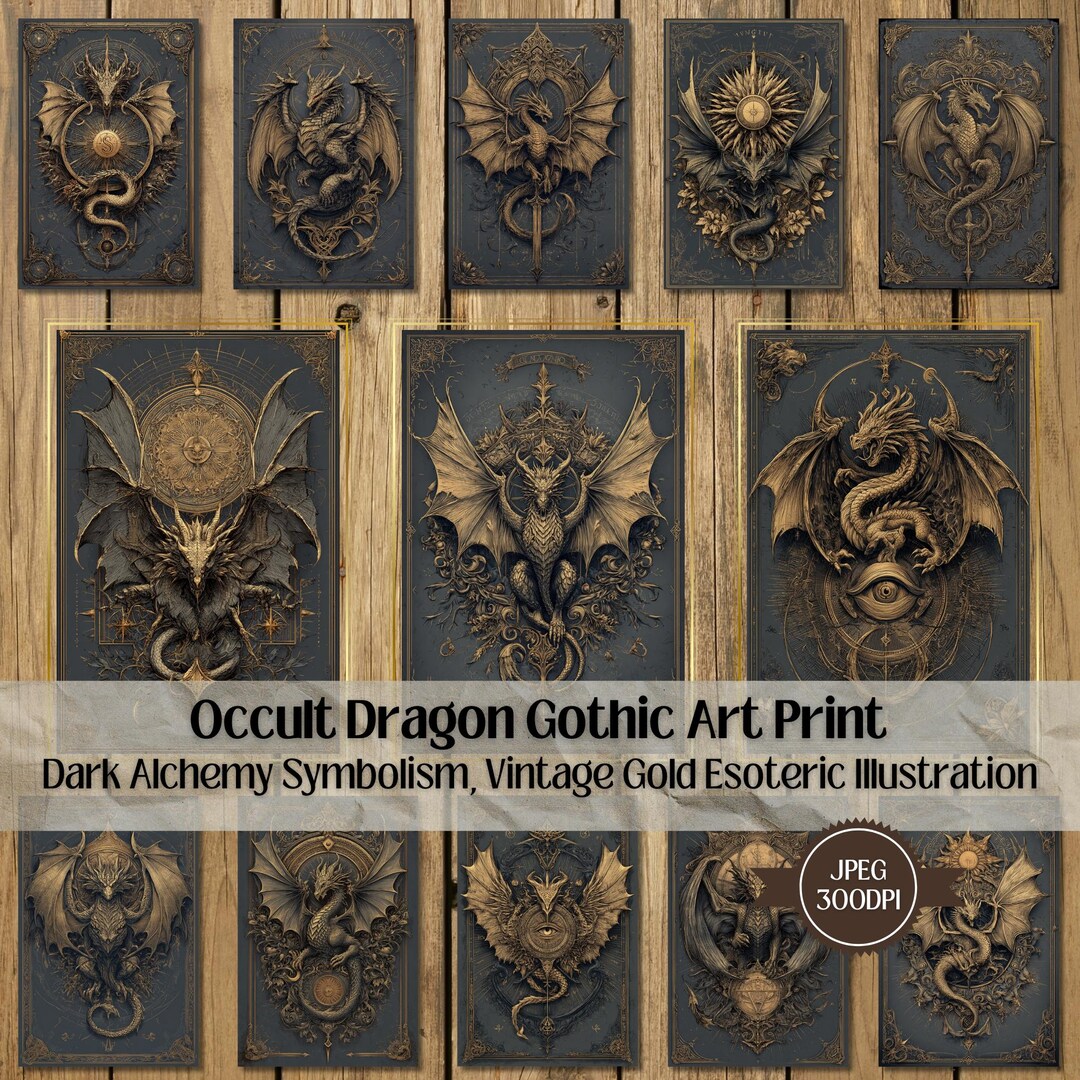 Occult Dragon Gothic Art Print | Dark Alchemy Symbolism, Vintage Gold ...