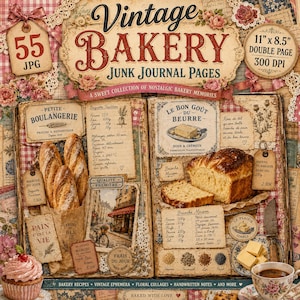May include: A digital collection of Vintage Bakery junk journal pages featuring 55 JPG files at 11 by 8.5 inches and 300 DPI. The imagery includes French bread, brioche, handwritten recipes, floral patterns, and vintage-style bakery labels.