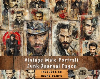 Vintage Gentleman Portrait Junk Journal Pages: Shabby Chic Ephemera (Digital Download, 50 JPGs)