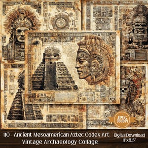 May include: A collection of sepia-toned Aztec art prints, featuring detailed illustrations of Aztec figures, pyramids, and glyphs. The text at the bottom reads "110 - Ancient Mesoamerican Aztec Codex Art Vintage Archaeology Collage", with dimensions of 27.94cm x 21.59cm.