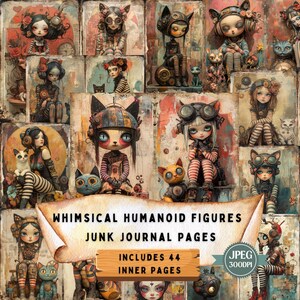 May include: A collage of 44 digital junk journal pages featuring whimsical humanoid figures with cat companions. The pages are in a steampunk style with intricate details and a vintage aesthetic. The text on the image reads "Whimsical Humanoid Figures Junk Journal Pages Includes 44 Inner Pages JPEG 300DPI".