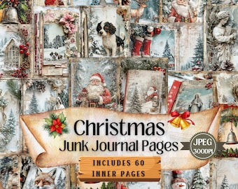 May include: A collage of 60 digital printable pages for junk journaling with a Christmas theme. The pages feature images of Santa Claus, snowmen, reindeer, winter scenes, and other festive elements. The text "Christmas Junk Journal Pages" and "Includes 60 Inner Pages" is displayed on the image. The image is in JPEG format and 300 DPI.