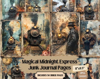 Midnight Express Junk Journal Pages: Vintage Steam Train Ephemera (PDF Pattern)