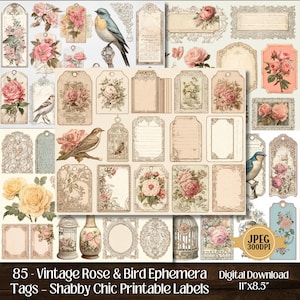 Vintage Rose & Bird Ephemera: Shabby Chic Printable Tags, Labels (85 JPEG Images)(PDF Download)