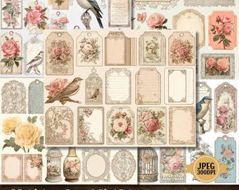 Vintage Rose & Bird Ephemera: Shabby Chic Printable Tags, Labels (85 JPEG Images)(PDF Download)