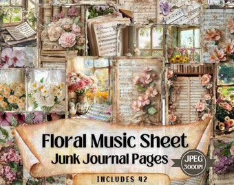 May include: A digital collage of 42 printable pages for junk journaling. The pages feature floral designs, vintage music sheets, and windows with views of nature. The text "Floral Music Sheet Junk Journal Pages" is displayed on a scroll with a JPEG 300DPI label.