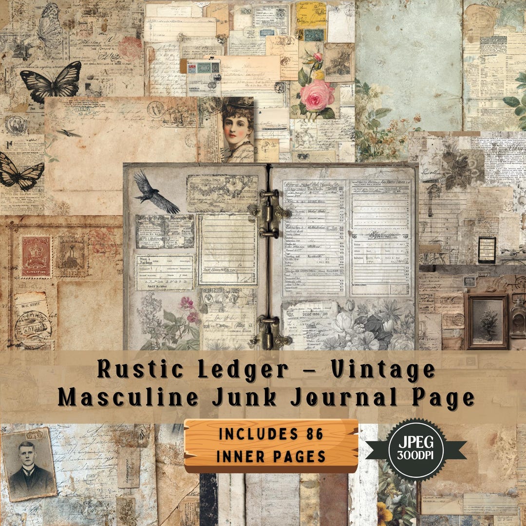 Vintage Ledger Junk Journal Pages: Rustic Masculine Ephemera (86 JPEG ...