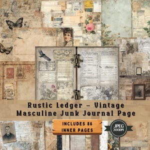 Vintage Ledger Junk Journal Pages : Éphémères masculins rustiques (téléchargement numérique de 86 JPEG)