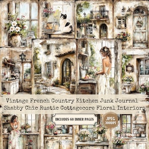 May include: A collage of watercolor illustrations depicting a vintage French country kitchen theme. The artwork features rustic interiors, floral arrangements, and a black and white cat. Text includes "Vintage French Country Kitchen Junk Journal" and "Includes 60 Inner Pages."