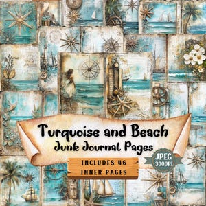 Turquoise Beach Junk Journal Pages: Shabby Chic Ephemera (46 JPEG) (Digital Download)
