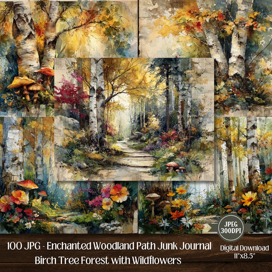 Watercolor Woodland Junk Journal Pages: Birch Forest Ephemera (digital ...