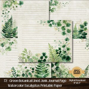 Green Botanical Lined Junk Journal Page – Watercolor Eucalyptus Printable Paper, Shabby Chic Stationery for Paper Craft and Scrapbooking.