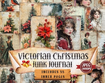 May include: Victorian Christmas Junk Journal with 55 inner pages. The cover features a collage of vintage images with a red, green, and gold color scheme. The title is written in a decorative font with bells and a red ribbon.