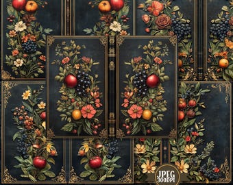 May include: A set of 28 vintage book covers with a dark blue background and gold accents. The covers feature floral designs with fruits, berries, and leaves. The text "28-Vintage Book Cover" and "JPEG 300DPI" are visible on the image. Digital Download 11" x 8.5"