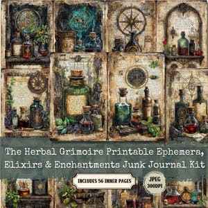 Herbal Grimoire Junk Journal Kit: Vintage Elixirs & Enchantments (56 JPEG) (Digital Download)