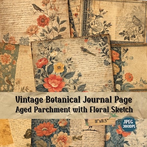 Página de diário botânico vintage | Pergaminho envelhecido com desenho floral, caligrafia e itens antigos | Fundo manchado de chá | 76 JPEG.