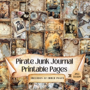 Strony do druku w dzienniku „Pirate Junk Journal”, cyfrowy arkusz kolażu w stylu vintage, arkusz papieru do rękodzieła w stylu shabby chic, efemeryda do scrapbookingu. JPEG
