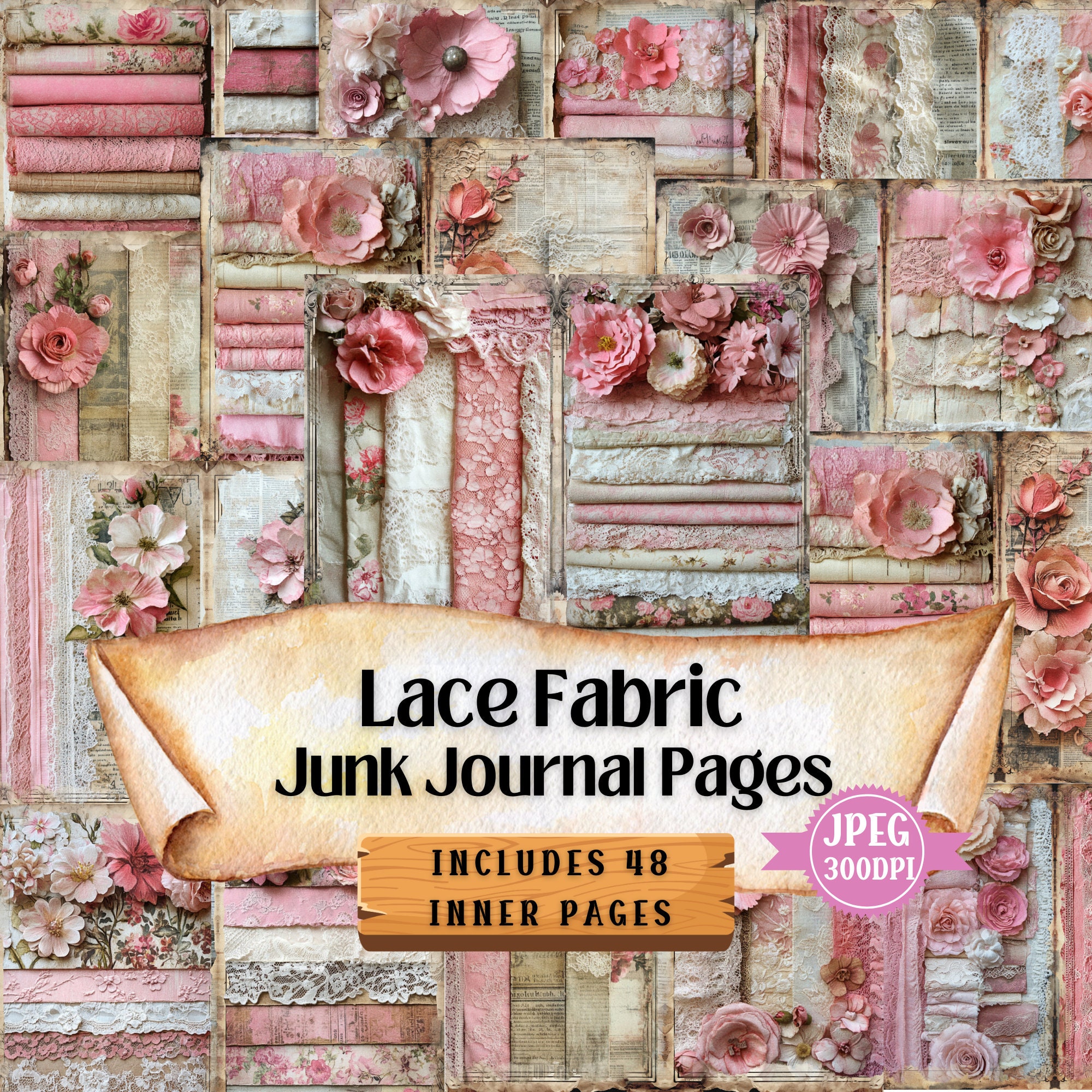 Lace Junk Journal Pages: Vintage Pink Shabby Chic Ephemera (48