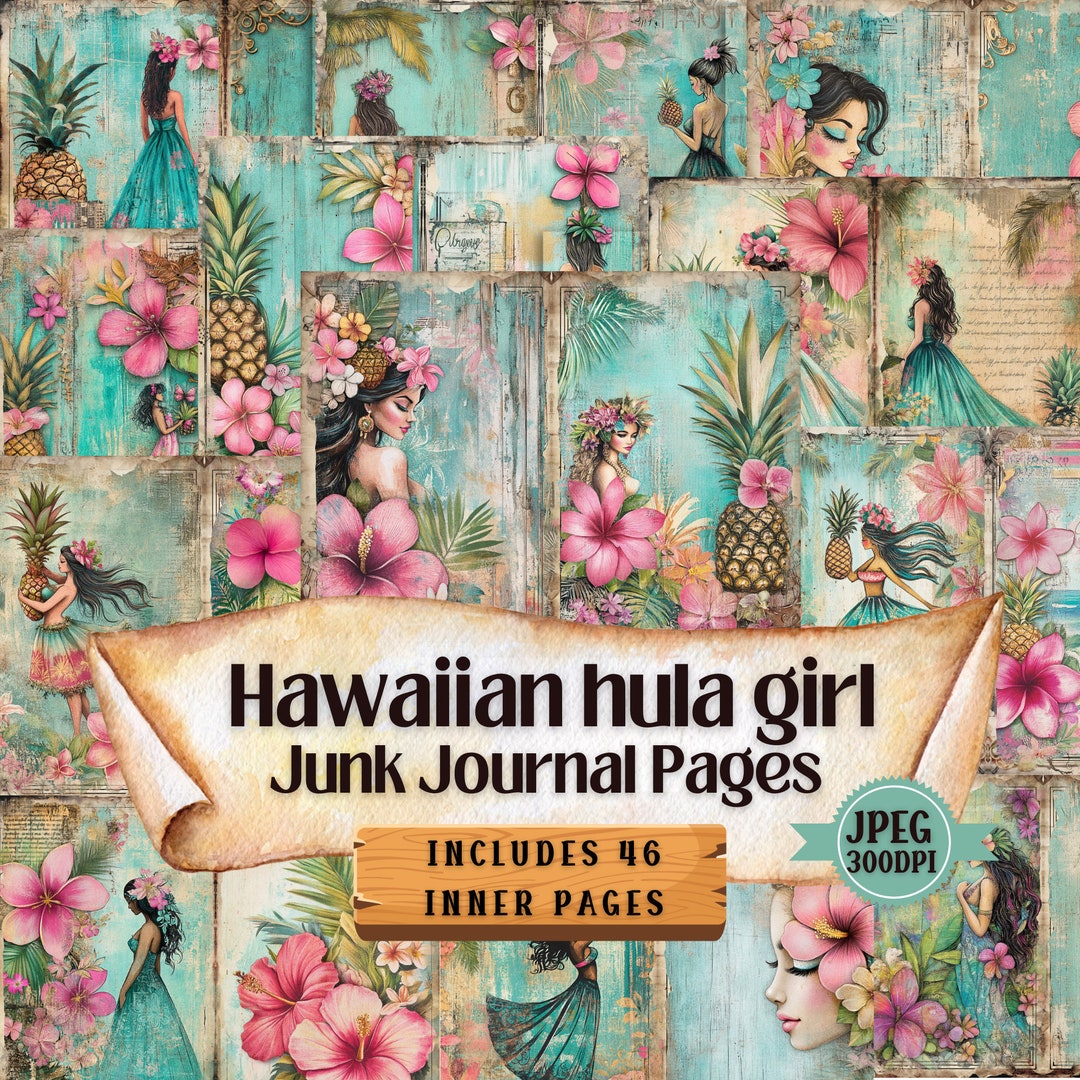 Hawaiian Hula Girl Junk Journal Pages, Vintage Tropical Themed Style ...
