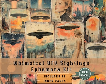 Zestaw fantazyjnych pamiątek związanych z UFO: strony albumu science fiction z lat 80. (do pobrania w wersji cyfrowej, 48 plików JPEG)