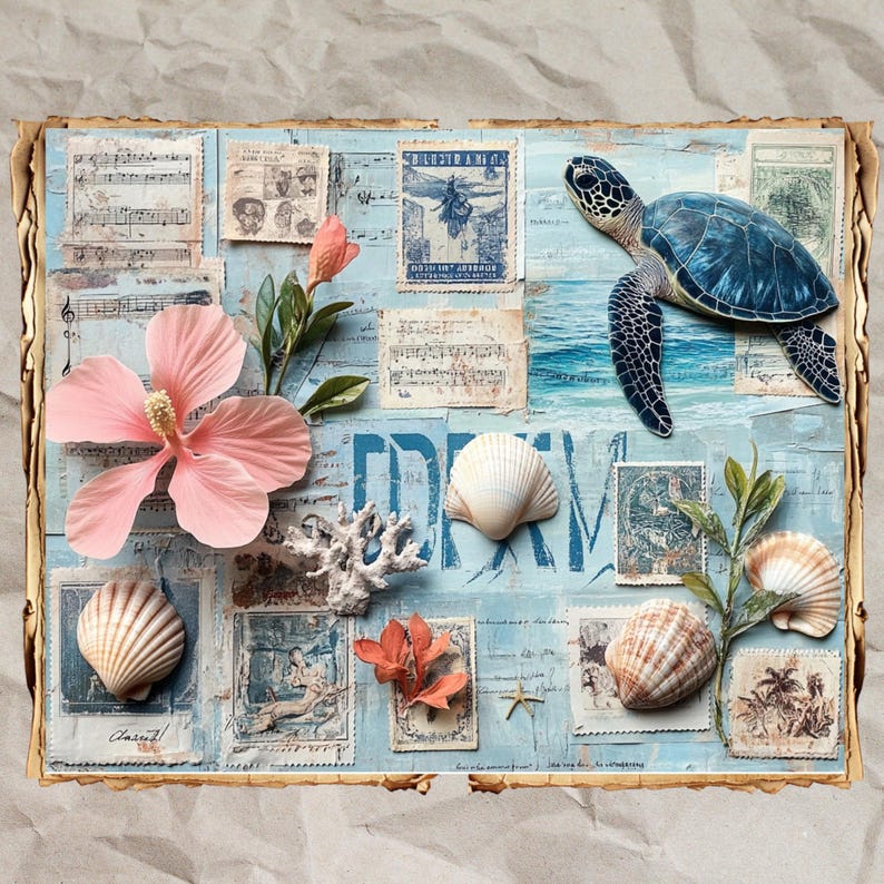 Turtle Shell Collage Coastal Collage Printable: Sea Turtle, Seashells, Vintage Stamps (60 ...