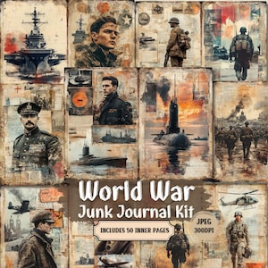 第二次世界大戦のジャンクジャーナルページ | 第二次世界大戦の兵士と武器のコラージュ | スクラップブッキング用のシャビーシックなペーパークラフトシートエフェメラ | JPEG 50 枚。