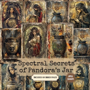 May include: A collage of illustrations with a fantasy theme. The images feature women, ornate jars, and aged textures. The text "Spectral Secrets of Pandora's Jar" is displayed, along with "Includes 60 Inner Pages" and "JPEG 300DPI".