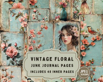 Könnte beinhalten: Vintage-Blumen-Junk-Journal-Seiten mit 48 Innenseiten. Die Seiten zeigen eine Collage von Bildern mit blauem und weißem Hintergrund, rosa Blumen, Vögeln und einer Frau mit langen braunen Haaren. Der Text "Vintage Floral Junk Journal Pages Includes 48 Inner Pages" ist auf einem weißen Banner gedruckt.