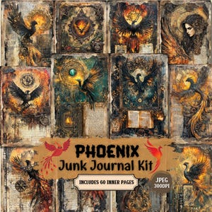 Kit Phoenix Junk Journal / Kit a tema vintage Myth of Phenix / Foglio di collage di carta shabby chic per scrapbooking / 60 JPEG.