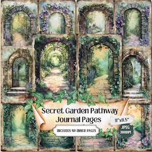 Puede incluir: Un collage de 10 acuarelas que representan caminos de jardín arqueados. Las imágenes están dispuestas en una cuadrícula y presentan vegetación exuberante, muros de piedra y una estética vintage. El texto "Secret Garden Pathway Journal Pages" se muestra en la parte inferior del collage, junto con las dimensiones 11"x8.5" y los detalles "INCLUDES 40 INNER PAGES", "JPEG" y "300DPI".