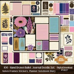 Puede incluir: Un conjunto de descarga digital con elementos de bullet journal dibujados a mano. El conjunto incluye notas, marcos, pegatinas y elementos de diario. La paleta de colores incluye rosa, morado, azul y dorado. La imagen también incluye ilustraciones florales y el texto "106 - Hand Drawn Bullet Journal Doodle Set". El tamaño de la imagen es de 27,94 cm x 21,59 cm.