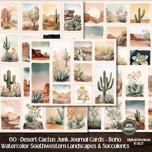 Cartões de diário de cactos do deserto - Etiquetas Boho aquarela paisagens do sudoeste e suculentas para scrapbooking e artesanato efêmero, 60 JPEG