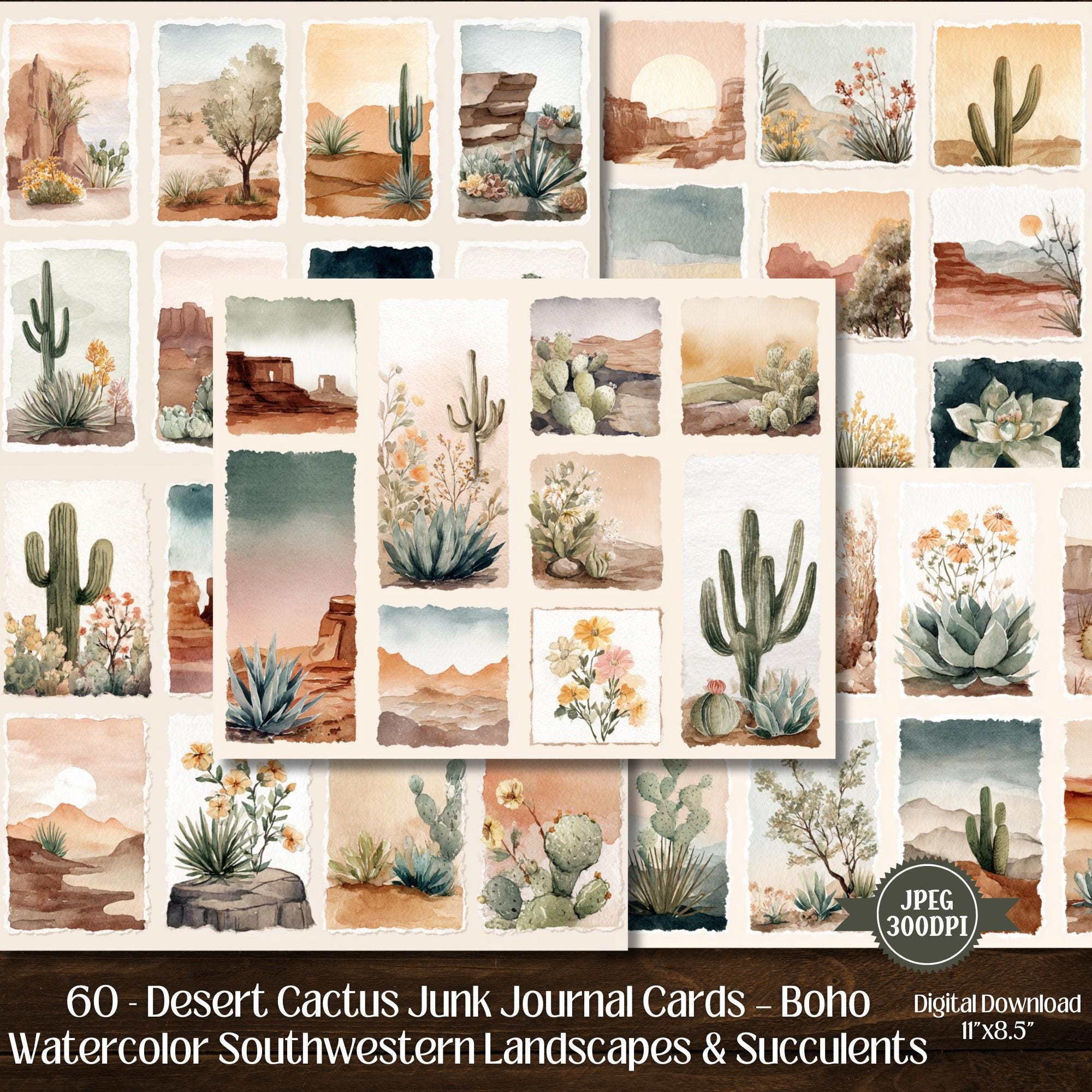 Cactus Junk Journal Cards: Boho Desert Ephemera (60 JPEG Digital Download)