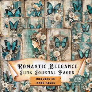 Vintage romantische Eleganz Junk Journal Kit, Silber & Türkis Collage mit Spitze, Rosen, Vintage Karte, Shabby Chic Papier Handwerk Ephemera Sammelalbum.