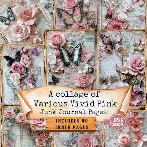 Eine Collage aus verschiedenen Junk Journal Seiten | Vintage Ephemera Themed Kit | Shabby Chic Papier Handwerk Scrapbooking.
