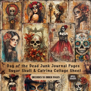 Day of the Dead Junk Journal Pages | Sugar Skull & Catrina Collage Sheet | Gothic Halloween Printable Ephemera Scrapbooking Kit | 55 JPG