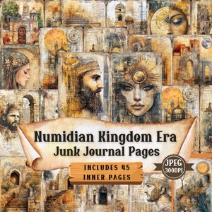 May include: A collage of 45 digital printable pages featuring images of ancient architecture, people, and symbols in a vintage style. The pages are designed for use in junk journals and are labeled "Numidian Kingdom Era Junk Journal Pages".