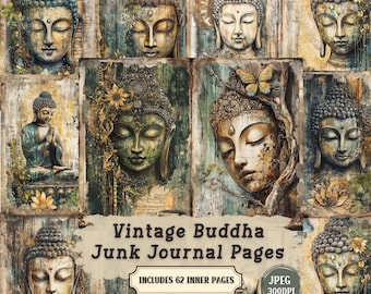 May include: A collage of vintage-style Buddha images in various colors, including teal, gold, and green. The images are arranged on a textured background with the text "Vintage Buddha Junk Journal Pages" and "Includes 62 Inner Pages".
