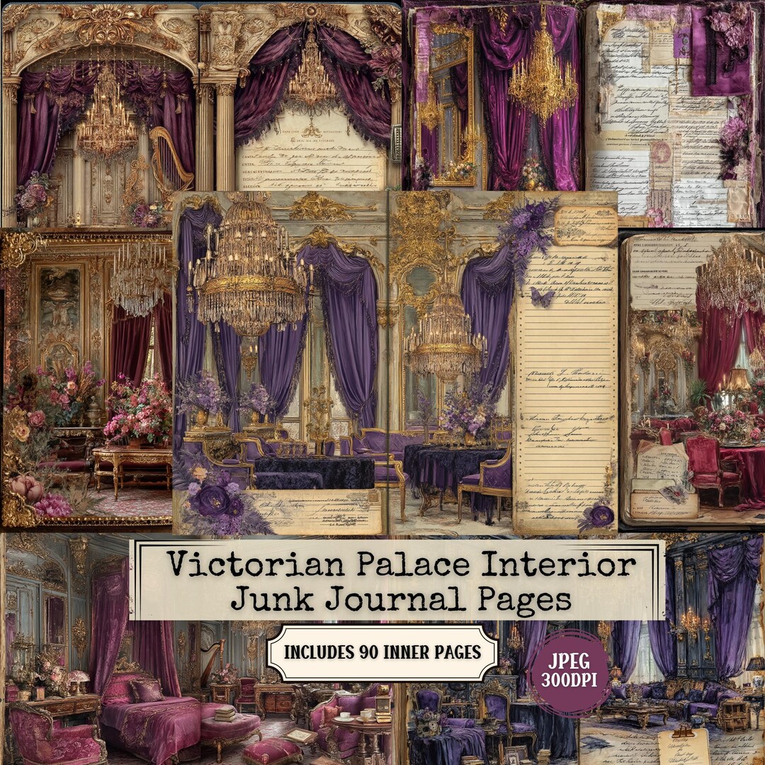Victorian Palace Interior Junk Journal Pages | Elegant Pink Chandelier ...