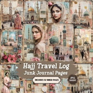 Páginas del diario de viaje del Hajj / Collage de sellos postales antiguos / Peregrinación a La Meca / Manualidades de papel Shabby Chic / Álbum de recortes efímeros / 52 JPEG.